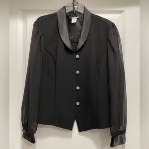 Metaphor Dressy Black Blouse, Satin Collar, Studded Buttons & see thru sleeves